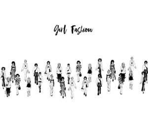 Stylish young women dressed in trendy clothes. Crowd of girls. Black and white illustration