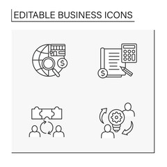 Business line icons set. Cryptocurrency, agreement, business plan, global shopping. Financial literacy. Finance concept. Isolated vector illustration. Editable stroke