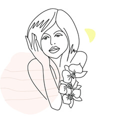 Girl with orchids and abstract spots on the background, line drawing, one line, sketch, vector.
