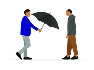 One male character gives an open umbrella to another male character on a white background