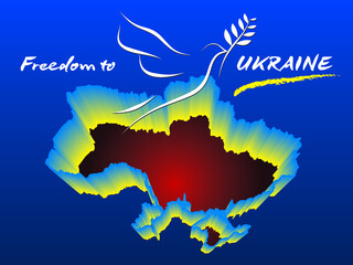The military clash between Russia and Ukraine. The white dove of peace with an olive branch over the burning silhouette of Ukraine with sparkling contours in the colors of Ukraine.
