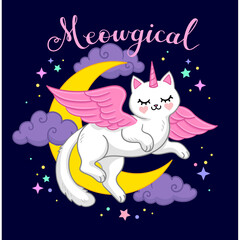 Fototapeta na wymiar Meowgical text. White winged cat with moon and clouds. Vector illustration in cartoon style
