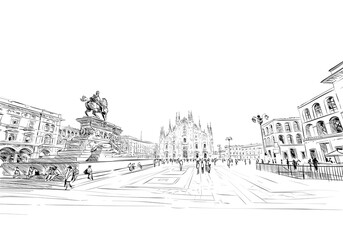 Naklejka premium Piazza del Duomo. Milan Cathedral. Victor Emanuel II Gallery. Hand drawn sketch. Vector illustration.