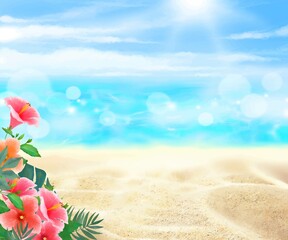 太陽の光差し込む青い空の下、浜辺にハイビスカスの咲く夏の海の煌めくおしゃれフレーム背景素材