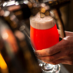 bartender pour beer to the glass cube