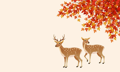 deer oriental style illustration under red autumn leaves