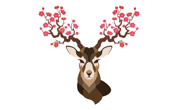 Deer oriental style illustration on white background with antlers and plum blossoms