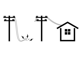 High voltage electric pole transmit electricity to home with wire broken damaged and short circuit with fire spark on white background flat vector icon design.