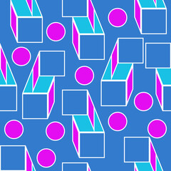 Seamless pattern of bright pink circles, rectangles and squares on a blue background for textile.