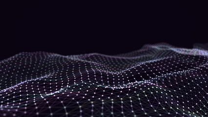 Abstract colorful wave with moving dots. Network connection structure. Background with connecting dots and lines on a dark background. 3D rendering.