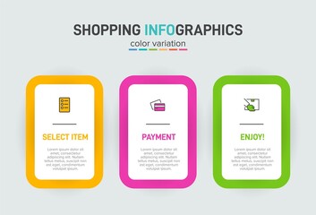 Concept of shopping process with 3 successive steps. Three colorful graphic elements. Timeline design for brochure, presentation, web site. Infographic design layout.