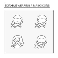Mask wearing line icons set. Rules of correct mask wearing. Dirty mask. Covid19. Healthcare concept. Isolated vector illustrations. Editable stroke