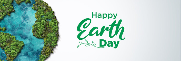 Happy earth day Banner concept. Ecology concept. Design with 3d globe map drawing and leaves isolated on white background. v © DOERS