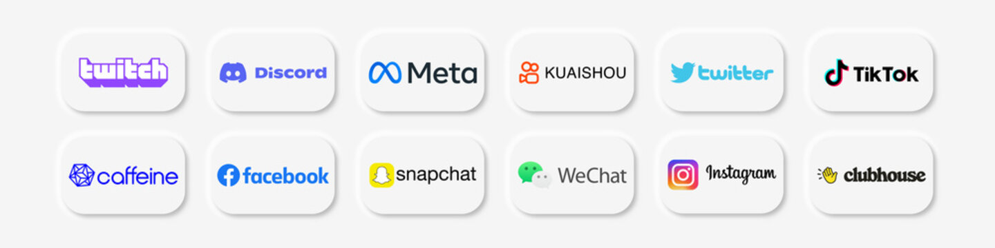 Vector illustration of popular social media application, twitch, discord, kuaishou, wechat, tiktok and clubhouse. White web buttons, Neumorphism style. Twitter, Snapchat, caffeine, meta and instagram
