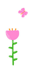 Spring postcard. Flat vector illustration with butterfly and flower in pink and green colors.