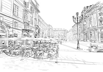 Milan. Italy. Street cafe. Hand drawn sketch. Vector illustration.