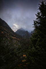 Breathtaking mountain view in Georgia. Caucasus mountains. Hiking in beautiful nature of snowy peaks.  