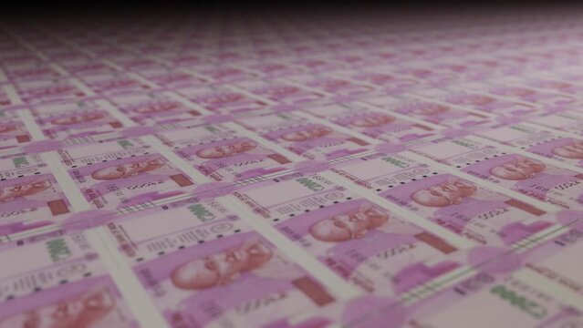 2000 Indian rupees bills on money printing machine. Video of printing cash. Banknotes. INR.	
