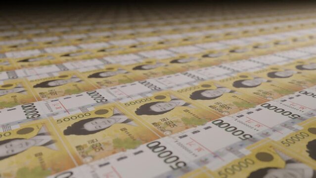50000 South Korean won bills on money printing machine. Video of printing cash. Banknotes. KRW.