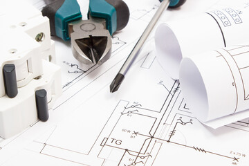 Naklejka na ściany i meble Work tools, electric fuse and diagrams of plan with electrical installation. Building home