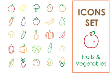 Food lineal color icon set, fruits and vegetables, healthy and veggy