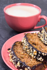 Fresh pastry made of zucchini and cup of white coffee. Delicious dessert
