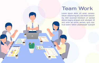 The company is profitable because of good teamwork and good employees. Boss praises employees and employee clapping hands with joy. Teamwork concept.  Vector illustration Eps10.