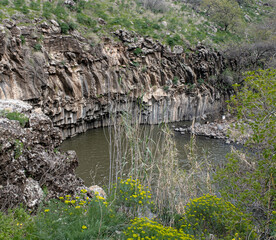 Top view of the Hexagon [Meshushim] Pool, a natural pool by Meshushim Stream in Yehudia Forest Nature Reserve, in central Golan Heights, Israel