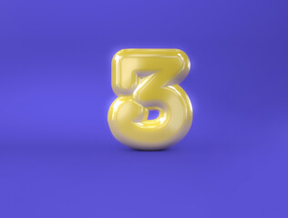 Golden Written 3, Letter Foil Balloon, 3d render illustration letter foil balloon silver