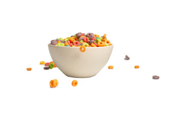 Colorful cereal box for morning breakfast. Corn flakes falling to the white bowl. Motion.