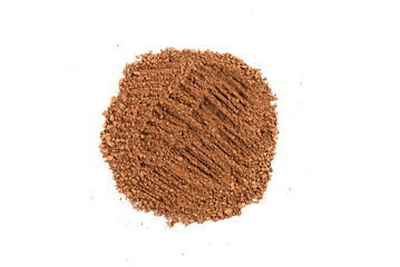 Makeup cosmetics. Eyeshadow in brown color crushed palette, colorful eye shadow powder on white background