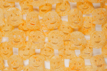 Crispy salted snacks on white background.