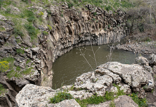 Top view of the Hexagon [Meshushim] Pool, a natural pool by Meshushim Stream in Yehudia Forest Nature Reserve, in central Golan Heights, Israel