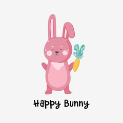 Cute pink rabbit with carrot and lettering. Creative design for banner, Greeting card, or social media post.