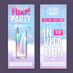 Disco foam cocktail party poster.  Soap foam with soap rainbow bubbles. Invitation design.Vector illustration