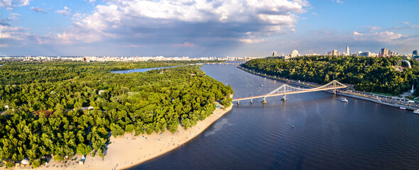 Trukhaniv Island and the Dnieper river with the Pedestrian Bridge in Kiev, Ukraine, before the war with Russia