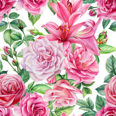 Seamless floral pattern with roses and lilies. Pink watercolor flowers. botanical illustration