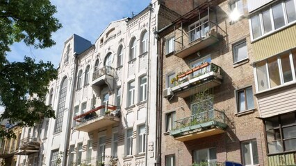 KYIV, UKRAINE - MAY 18, 2017: Typical residential buildings in Kyiv, Ukraine. 4K
