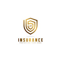 luxury golden shield with house in style linear logo design, business gold home protection real estate logo, insurance house logo icon vector template