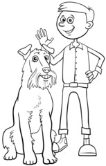 cartoon boy character with dog coloring book page