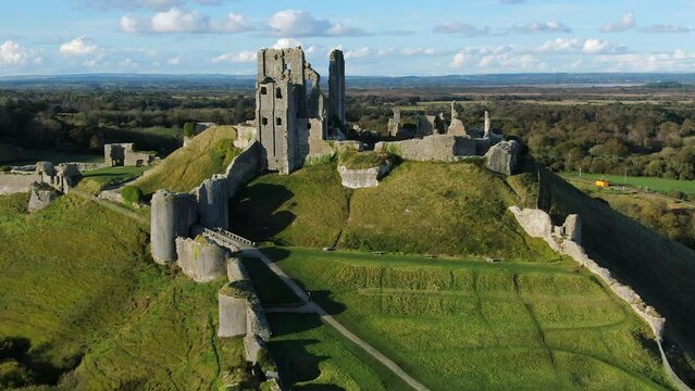 Aerial footage of Corfe Castle, Corfe, Isle of Purbeck, Dorset, England