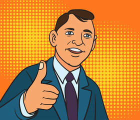 A man smiling with a thumbs showing satisfaction. hand drawn style vector design illustrations.