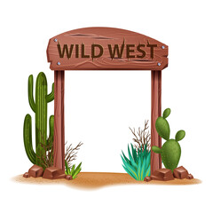 Wild west vector background, western wooden sign board, vintage rustic entrance, desert cactus, rock. Game UI Texas frame, environment signpost, stone, sand, succulent. Arizona wild west timber arch - obrazy, fototapety, plakaty