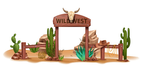 Wild west vector background, western wooden sign board, vintage rustic park entrance, fence, cactus. Game nature Mexican landscape, dry canyon rock, stone, cowboy hat. Wild west environment clipart - obrazy, fototapety, plakaty