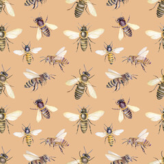Watercolor seamless pattern with honey bees on beige background. Beekeeping ornament.