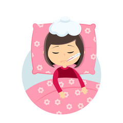 Sick child lying on bed cartoon vector illustration on white background.