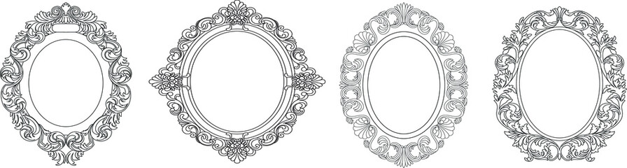 Set of black oval vintage frames, design elements. Vector.