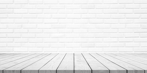 Fototapeta premium Empty white wood table top with brick wall background