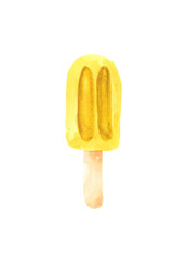 Bright popsicle on a stick, isolated on a white background. Watercolor drawing for the design and decoration of postcards and posters on food and desserts.