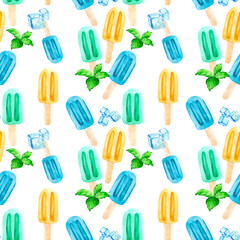 Watercolor background with ice cream on a stick, ice cubes and fresh mint leaves. Seamless pattern for bright colorful wallpaper, textiles, packaging, office and bed linen.